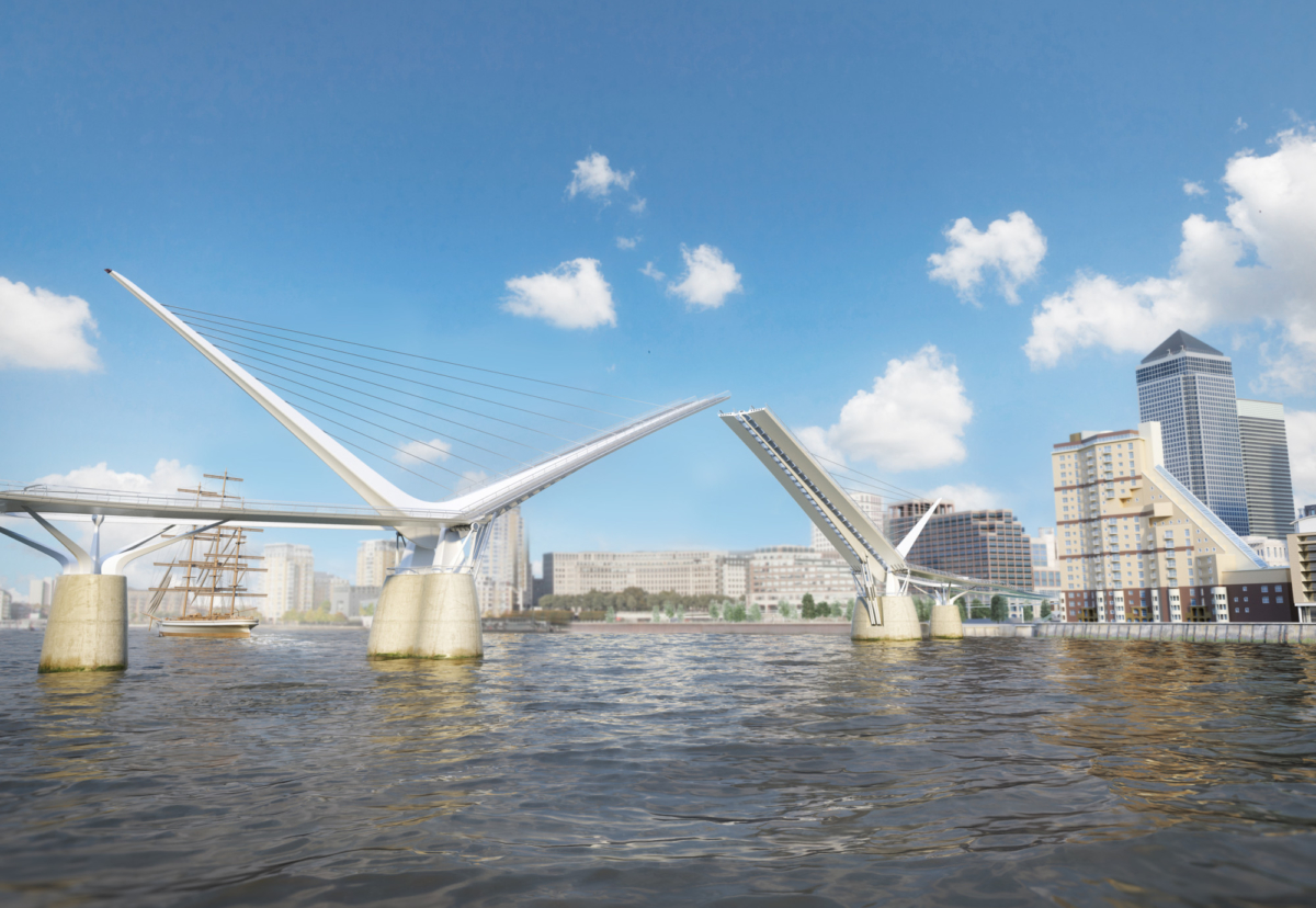 One of the designs proposed a 185m central span is supported by cables from angled masts at each side