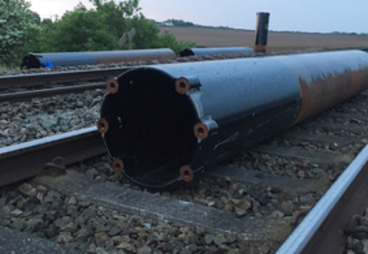 Tubular steel pile left on the line (image courtesy of Network Rail)