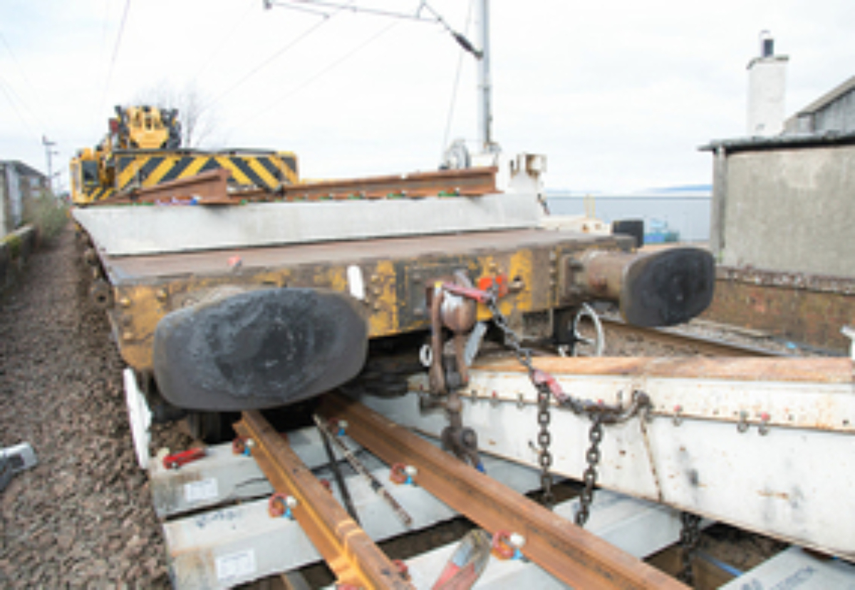 The wagon in contact with the track panel, on the morning after the accident (courtesy of British Transport Police)
