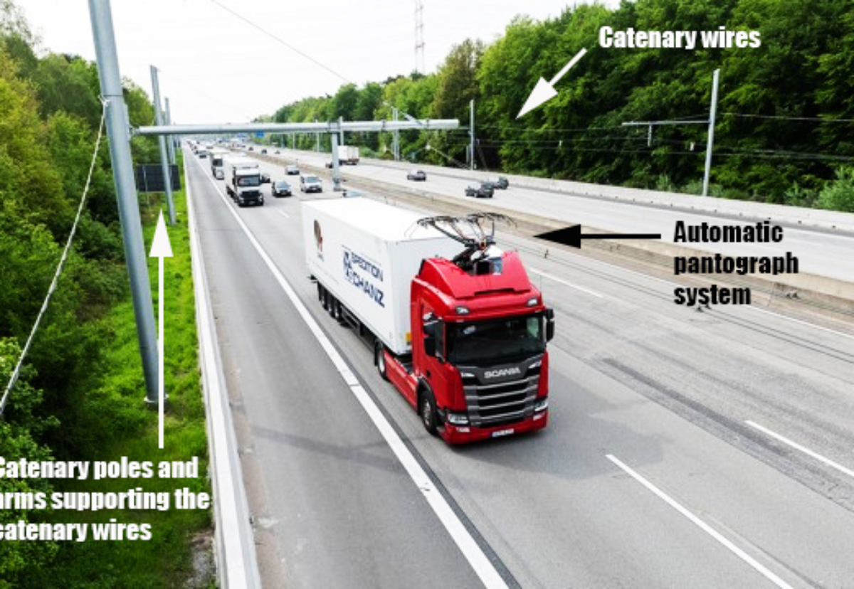   A Scania HGV operating on a catenary lorry ‘eHighway’ demonstrator in Germany. Credit: Siemens.