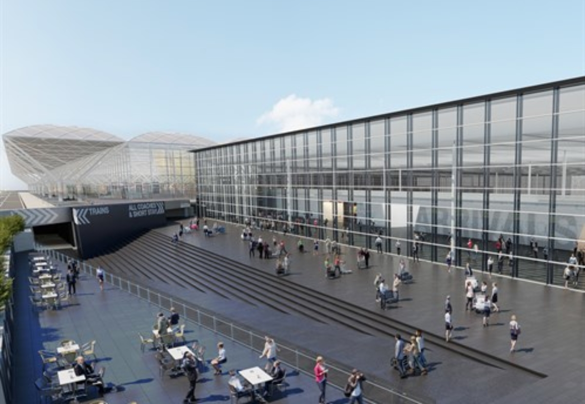 The new arrivals building planned at Stansted Airport, with the existing terminal to the left. 
