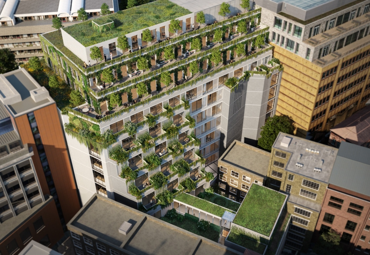 Green roofs, roof terraces, hard and soft landscaping set to benefit townscape views, wellbeing and improve air quality